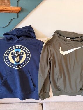 Nike Kids Olive Green Hoodie with White Swoosh & Navy Philadelphia Logo Pullover